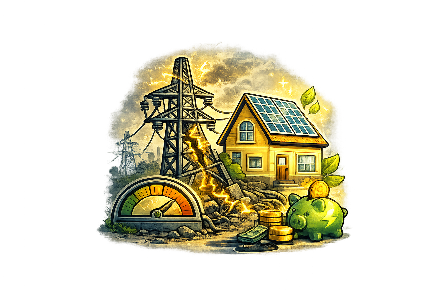 Illustration of energy conservation and renewable energy, showing a house with solar panels, an electrical transformer, a battery, and a piggy bank with leaves, lightning bolts nearby, and a gauge indicating energy efficiency.