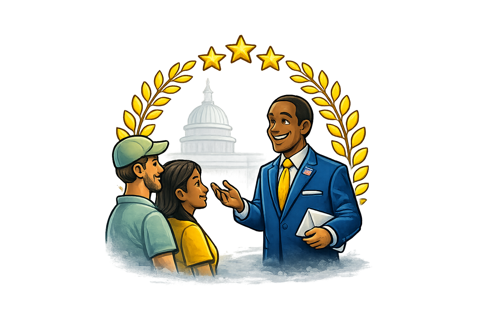 Illustration of a man in a suit talking to a young couple with the Capitol building in the background, framed by golden laurel leaves and three stars.