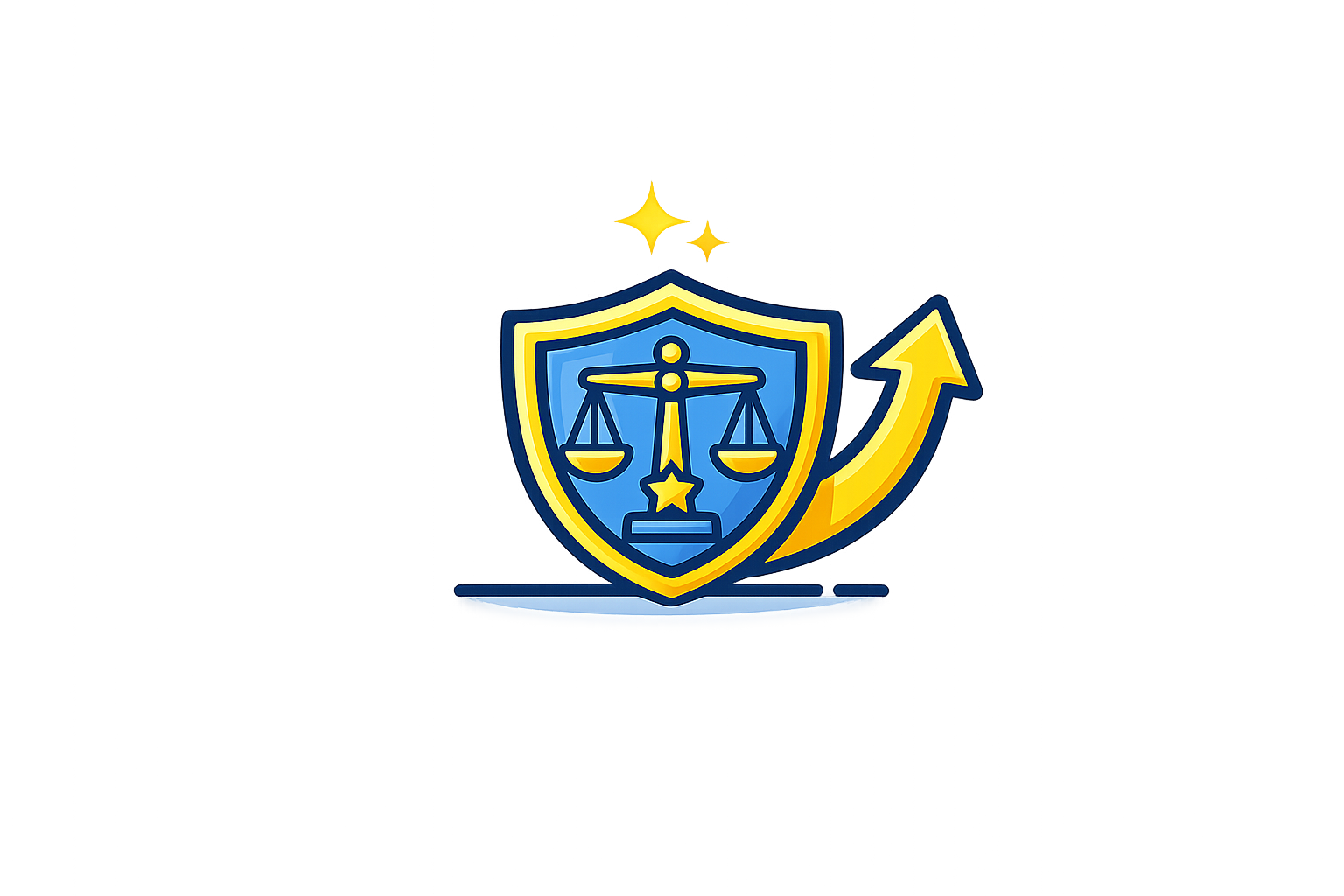 A shield emblem with scales of justice and a star, combined with an upward yellow arrow and sparkles above, symbolizing legal or regulatory growth or progress.