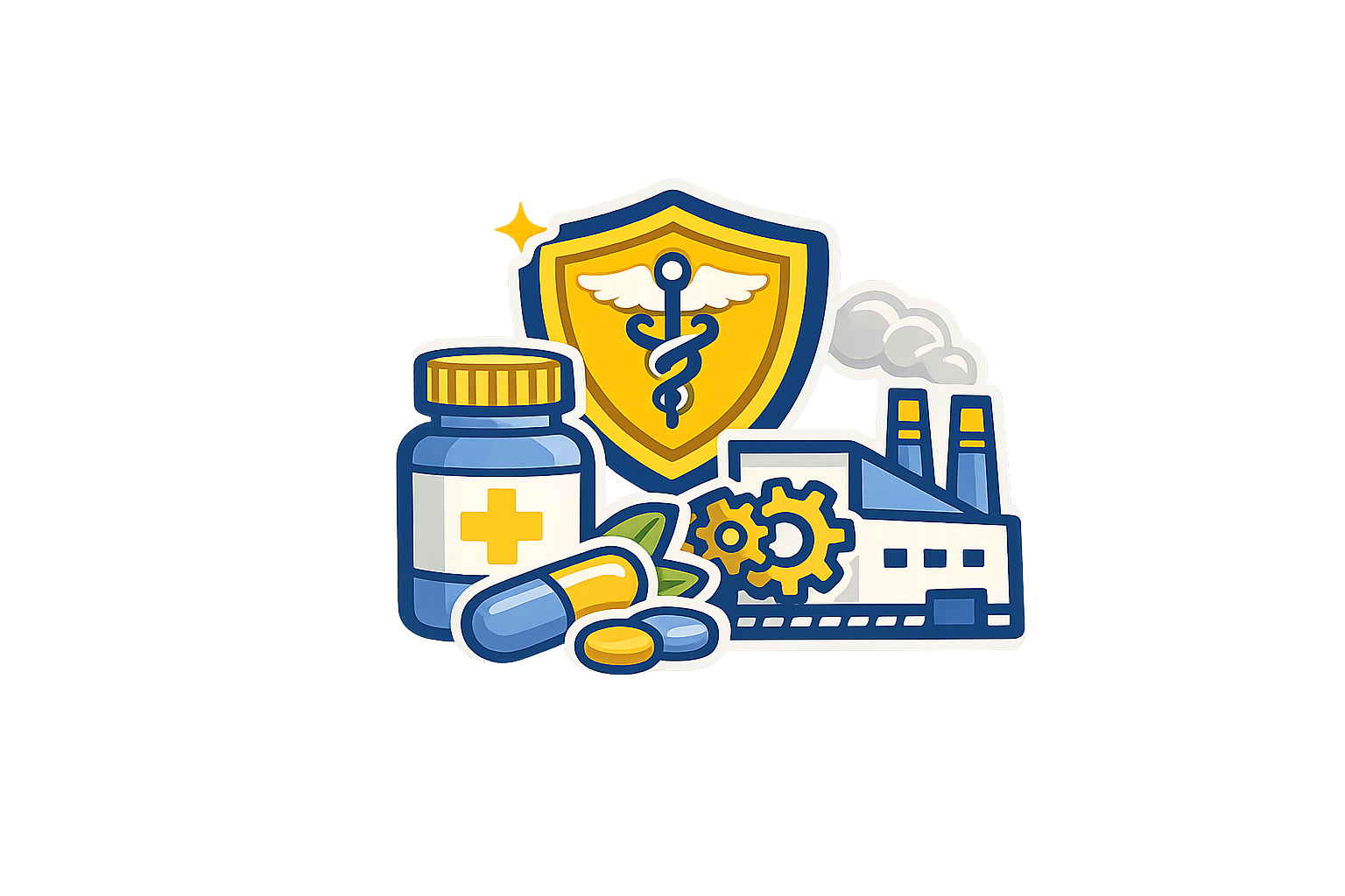 Illustration representing healthcare and industry, featuring a medical shield with a caduceus, medicine bottle, capsules, coins, factory with smokestacks, and gears.