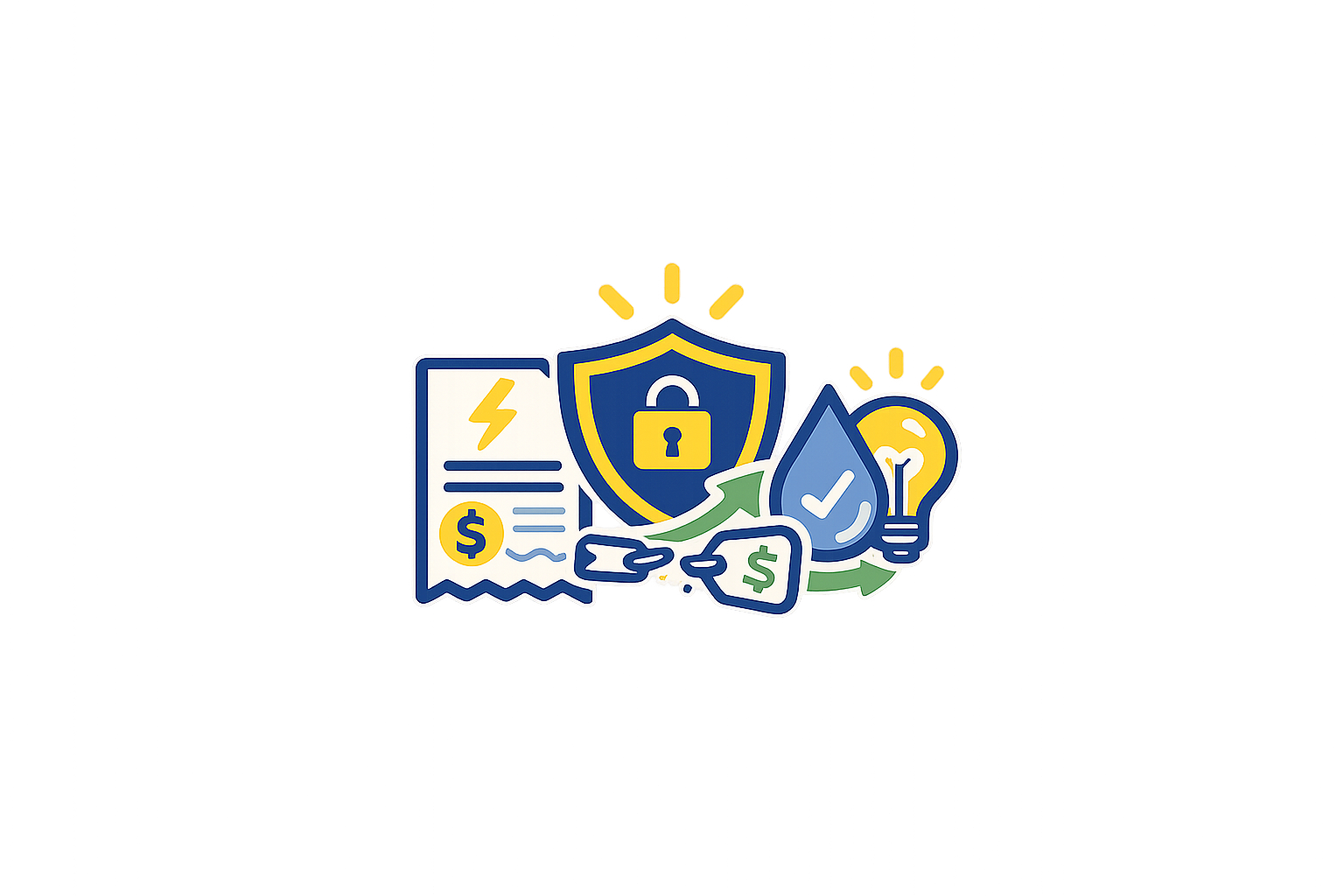 Collection of icons representing data security, insurance, alerts, and financial growth, including a shield with lock, a document with dollar sign, a droplet with checkmark, a light bulb, and arrows indicating protection and progress.
