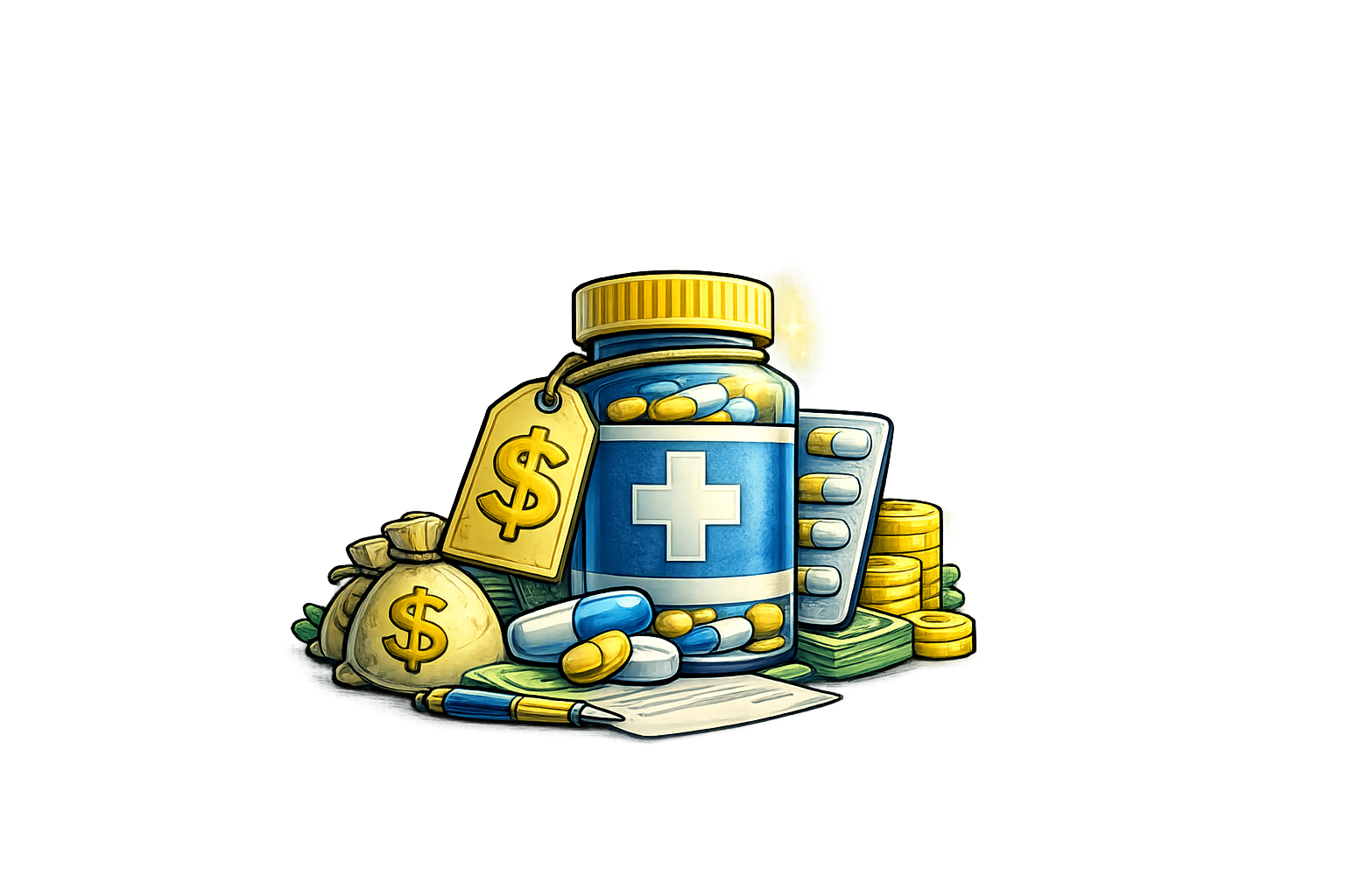 Illustration of medication bottles, pills, money, notepad, and a pen, symbolizing healthcare costs or medical expenses.