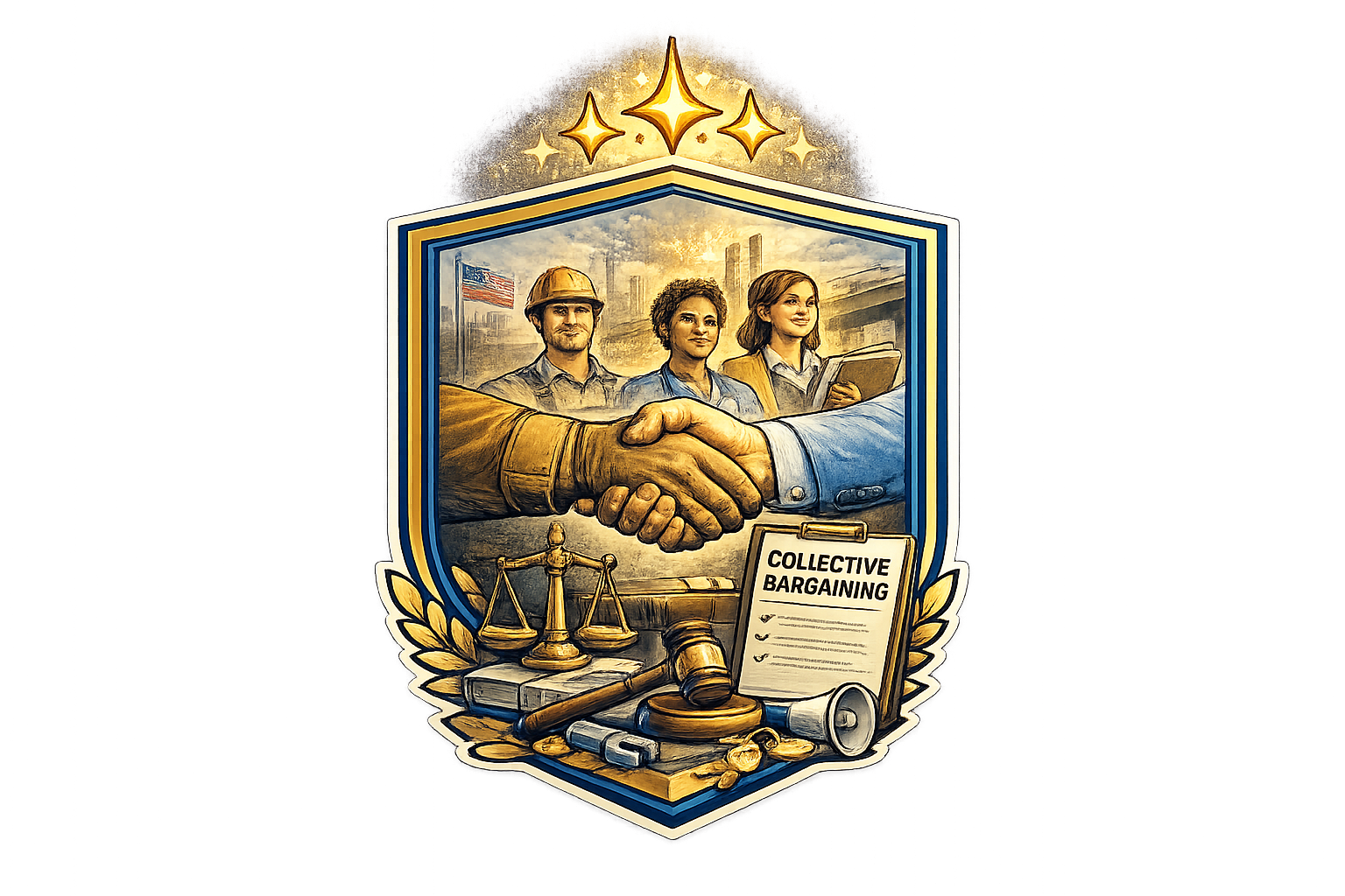 A badge with the words 'Collective Bargaining' shows two hands shaking, representing labor and management. Behind them are three diverse workers, including a man in a hard hat, a woman with curly hair, and another woman with a tablet. The badge is decorated with golden stars, scales of justice, a gavel, a megaphone, coins, and legal documents, symbolizing justice, negotiation, and workers' rights.