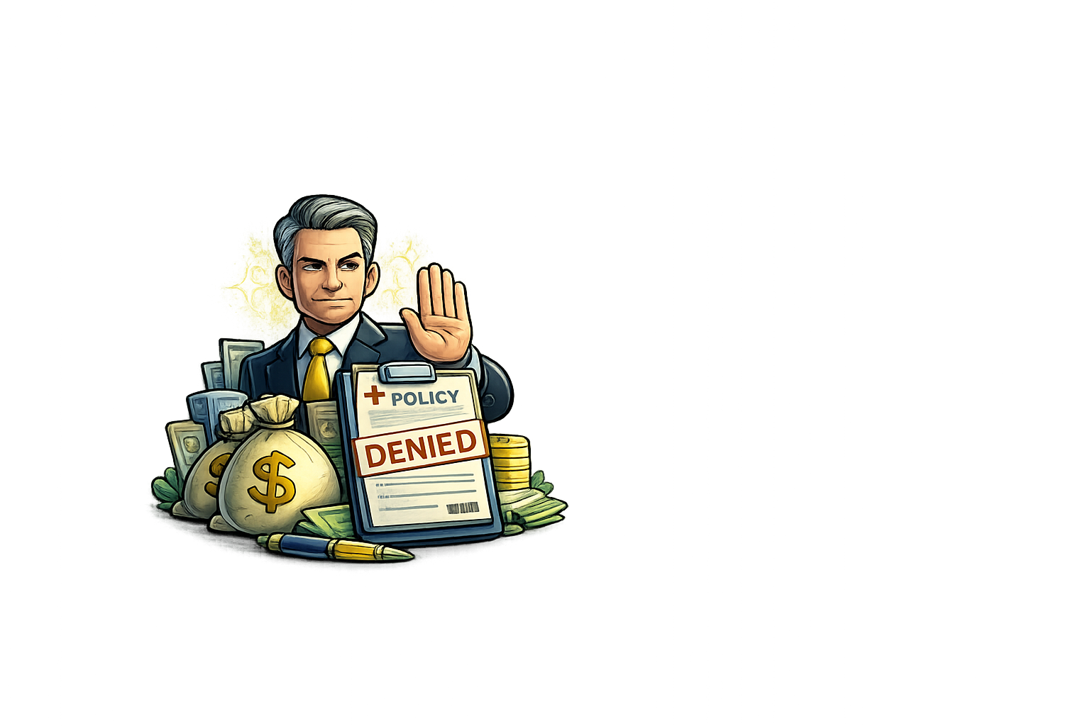 Cartoon man in business suit showing a stop gesture, surrounded by money bags, coins, and a policy document with a 'DENIED' stamp.