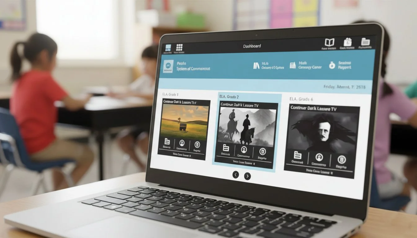 A laptop displaying an educational dashboard with three sections about English language arts for different grade levels, in a classroom with students.
