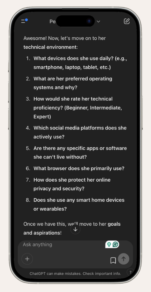 A smartphone screen displaying a list of technical questions related to digital habits and social media usage.