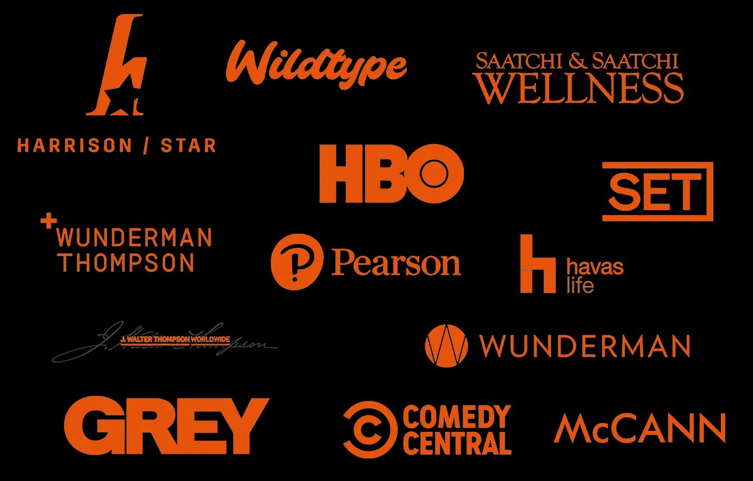 A collection of logos from various entertainment companies and brands, including HBO, HBO Max, Netflix, Comedy Central, Hulu, Pearson, Wunderman, McCann, Grey, Wavemaker, and others, displayed in orange on a black background.