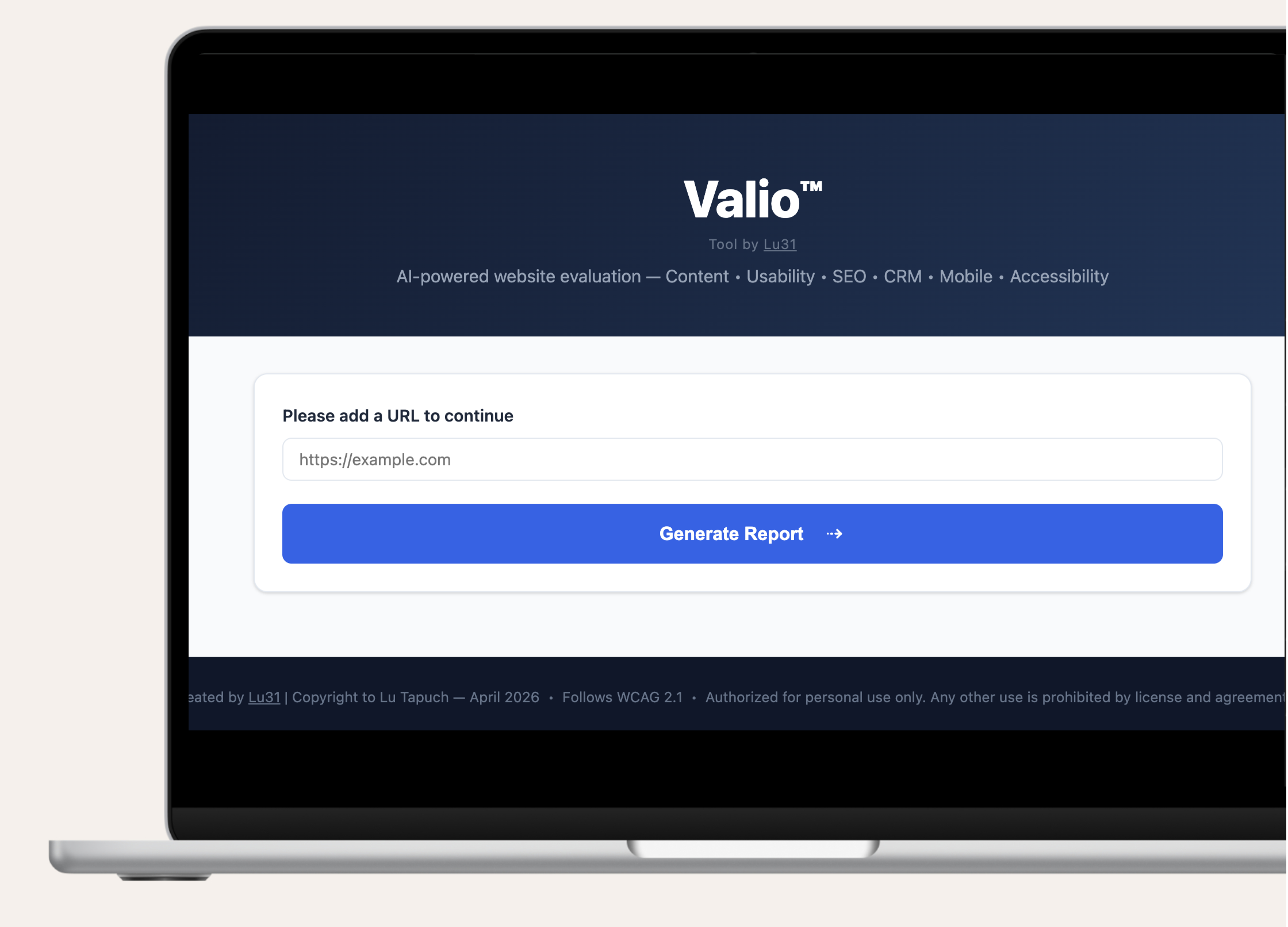 Close-up of a laptop screen displaying a website called 'Valio' with a section prompting the user to add a URL to generate a report.