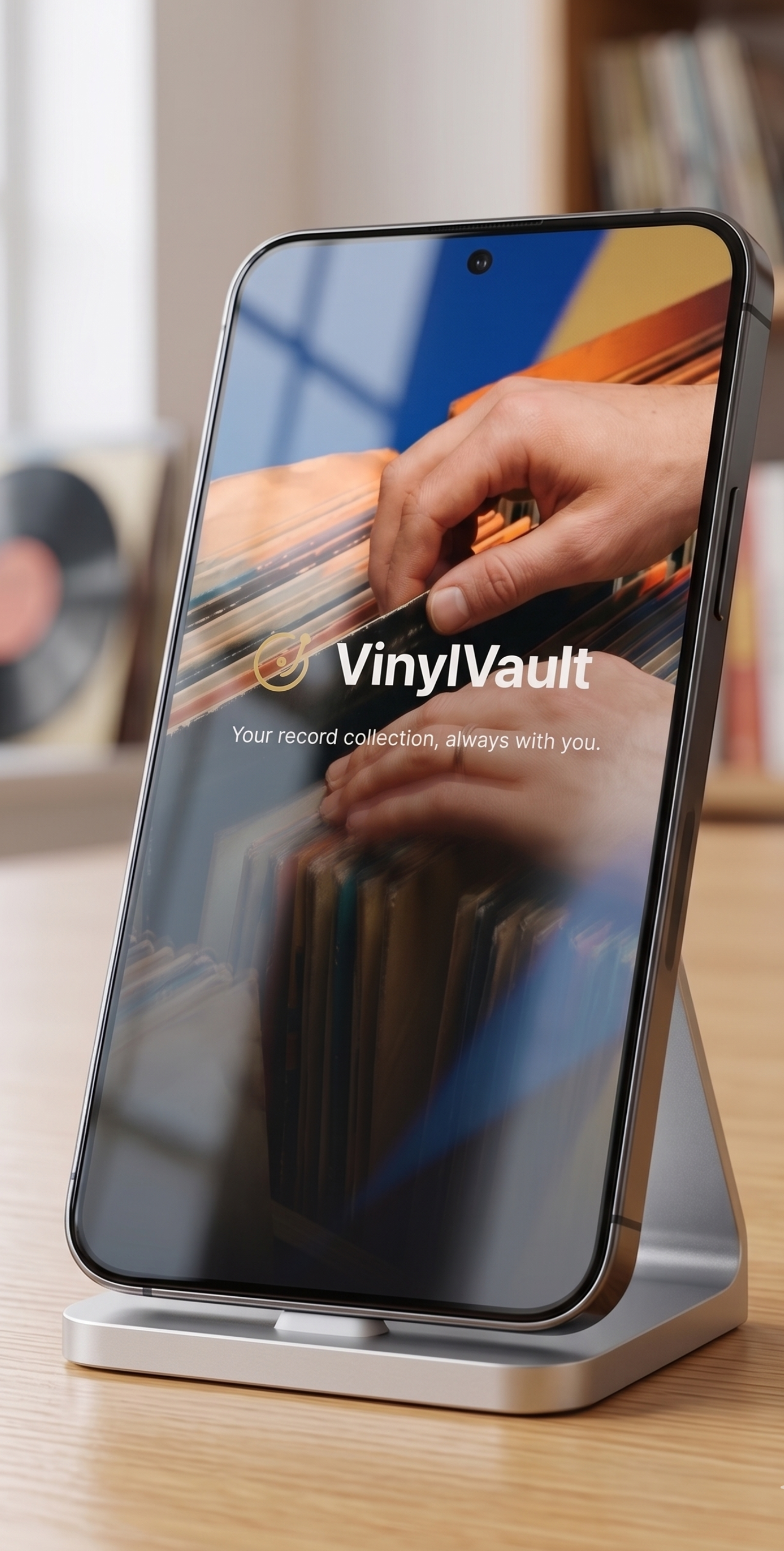 Smartphone on a stand displaying the VinylVault app with a background of vinyl records.