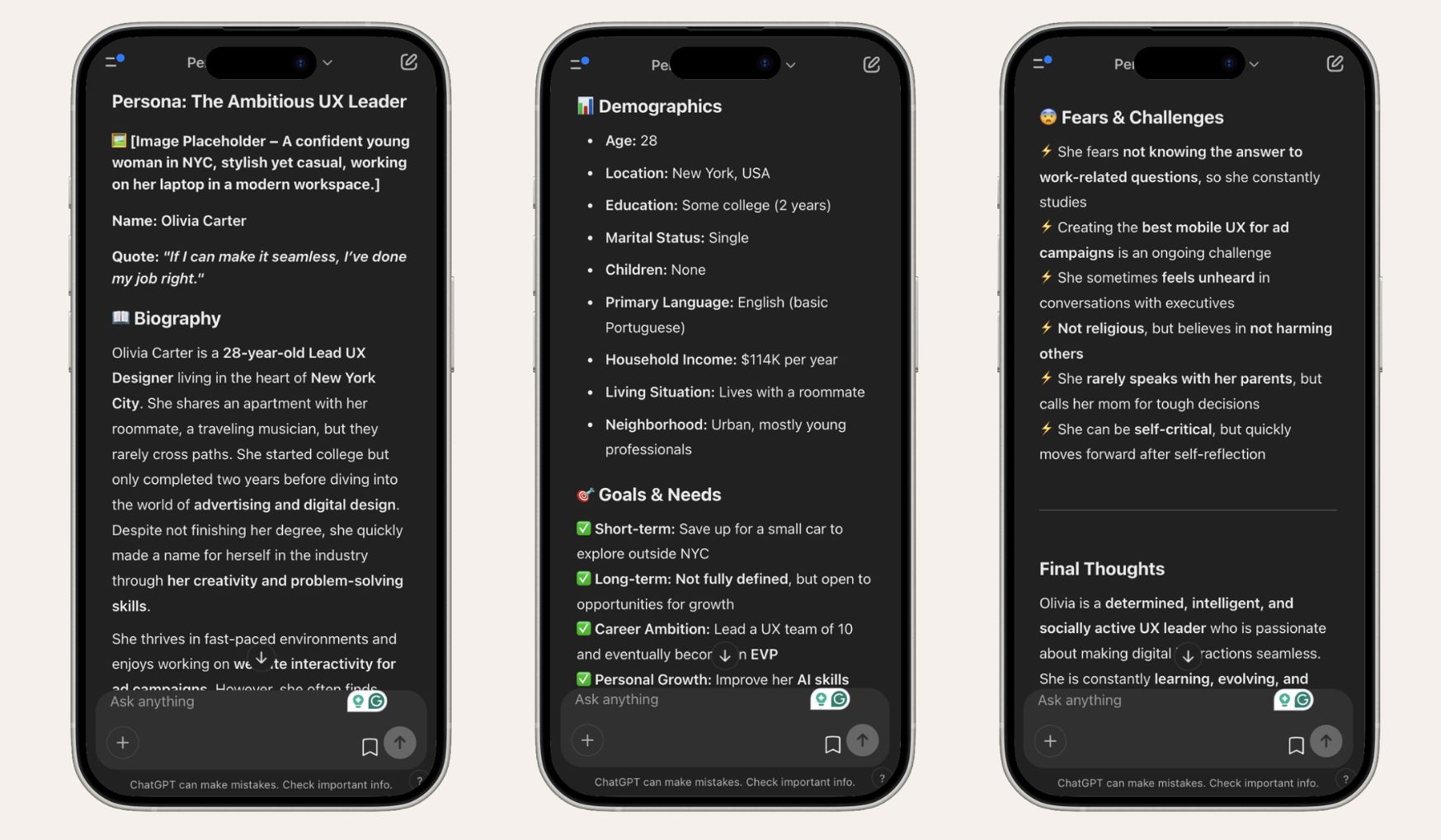 Screenshots of a mobile app displaying a detailed profile of Olivia Carter, a UX designer, including sections on her persona, demographics, goals, fears, and final thoughts.