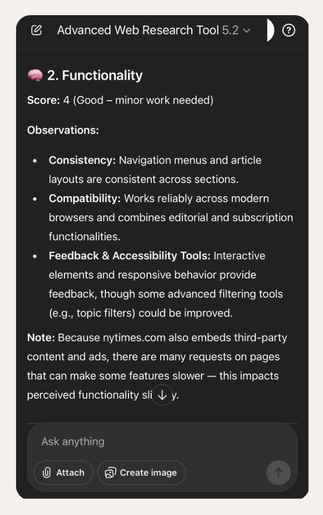 Screenshot of a mobile app called Advanced Web Research Tool, displaying a section titled 'Functionality' with a score of 4, descriptions of observations about navigation, compatibility, and feedback tools, and a note about third-party content affecting page speed.