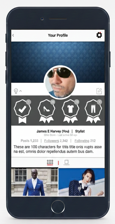 A smartphone displaying a social media profile page of James E Harvey, who is identified as a stylist. The profile shows cover and profile pictures, badges for interests or achievements, follower count, and posts. The profile includes some placeholder text and two images at the bottom of the screen.