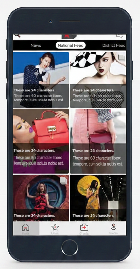 Mobile phone displaying a social media app with a grid of six fashion photos, featuring women with fashionable outfits and accessories.