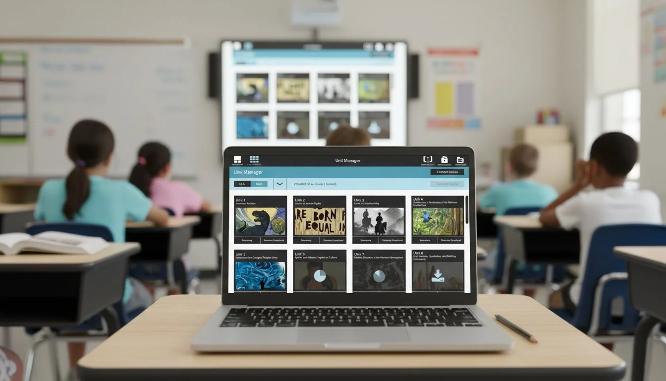 A classroom with students sitting at desks facing a teacher and a large screen displaying educational content. In the foreground, a laptop on a desk shows a digital unit manager interface.