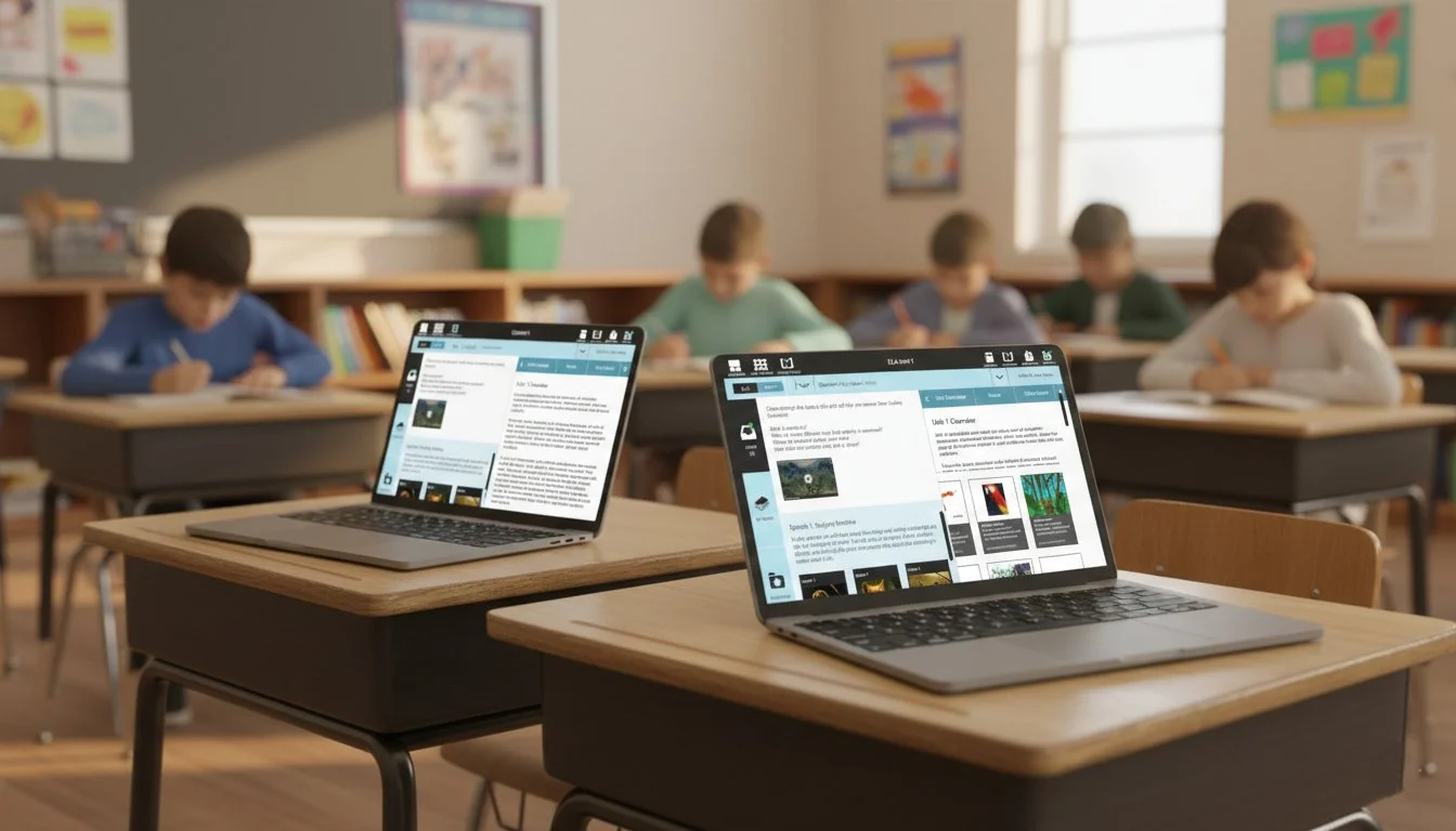 Classroom with students sitting at desks, using tablet devices. Two laptops are placed on desks at the front of the classroom.