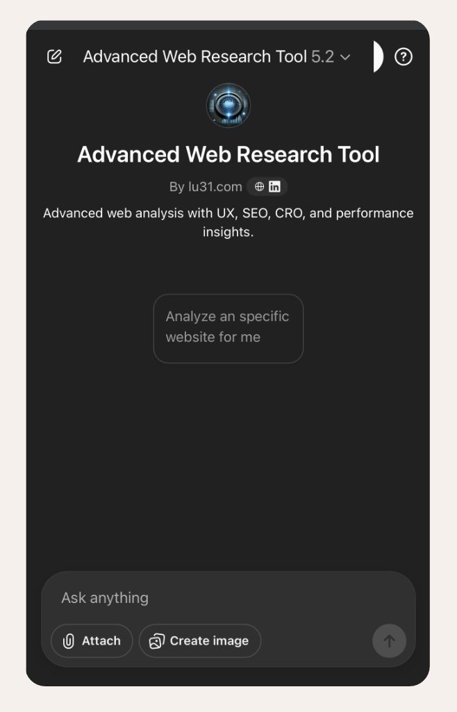 Screenshot of the Advanced Web Research Tool interface with a dark background, displaying the tool's name, description, and options to analyze a website, attach files, or create an image.