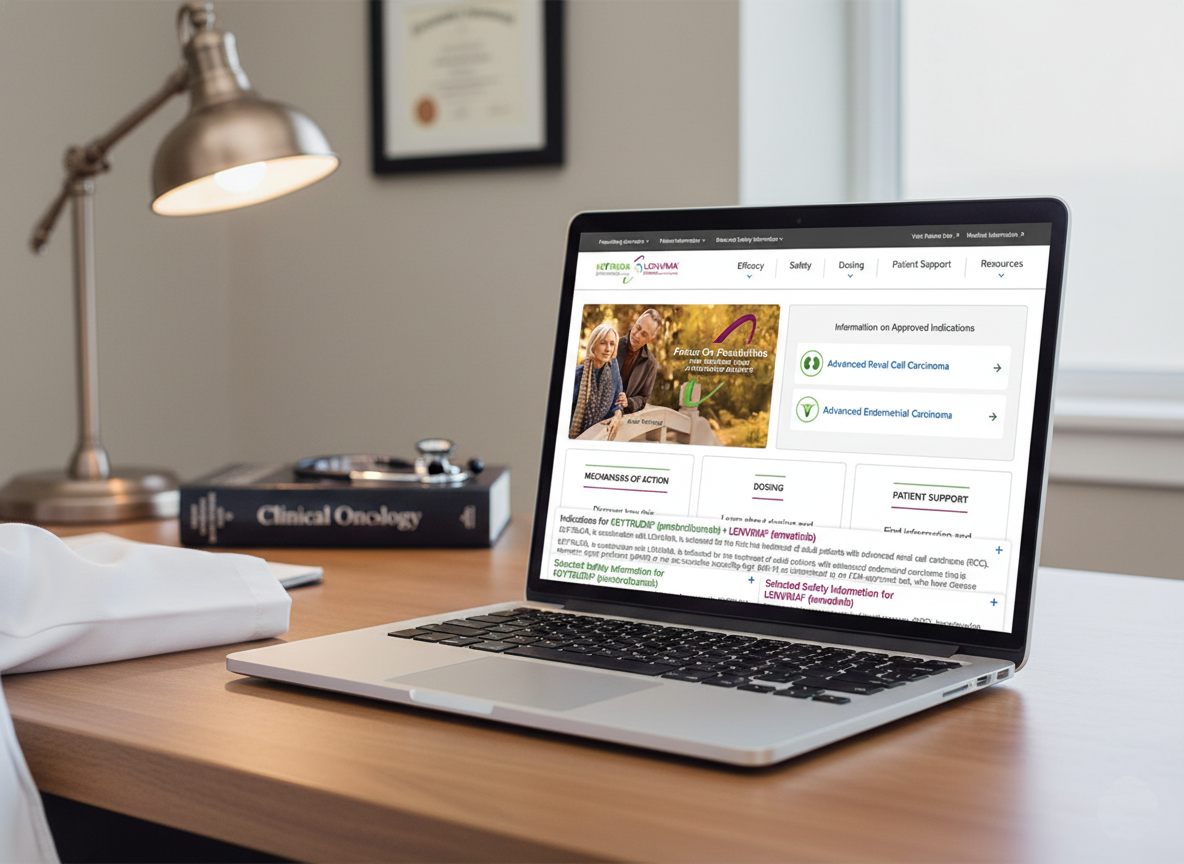 Laptop on a wooden desk displaying a medical website about approved indications for certain cancer treatments, next to a black book titled "Clinical Oncology," a white medical cloth, a desk lamp, and a framed certificate on the wall.