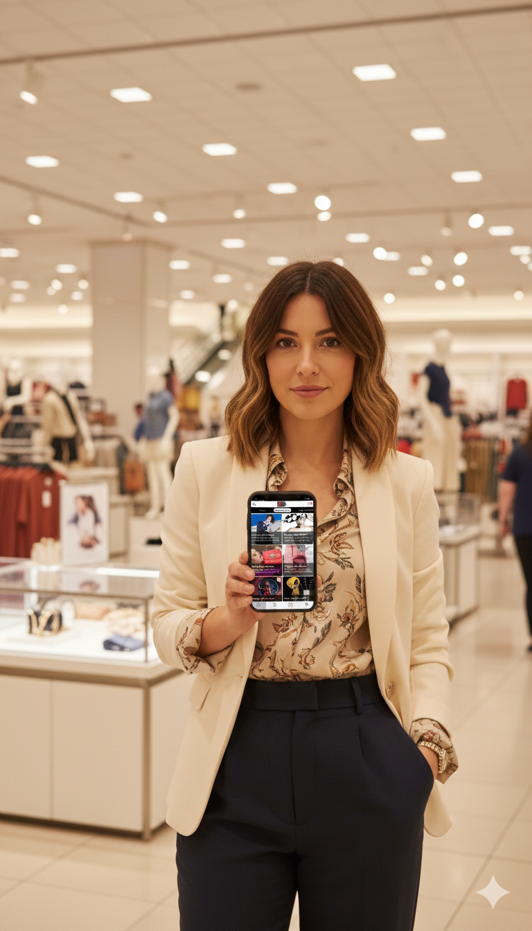 A woman in a cream blazer and patterned blouse stands in a retail store, holding a smartphone displaying an online shopping site.