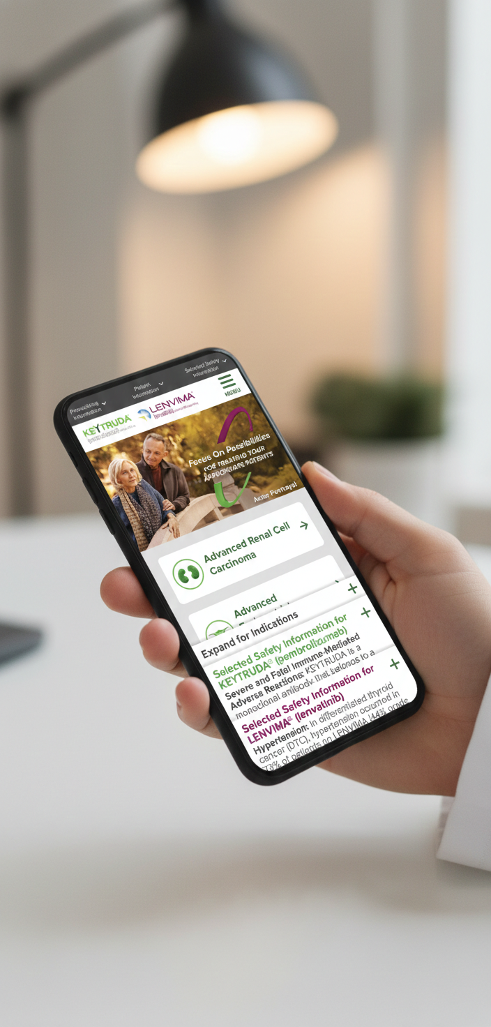 Person holding a smartphone with a medical website about kidney health and renal cell carcinoma on the screen, sitting at a white desk with a black desk lamp overhead.
