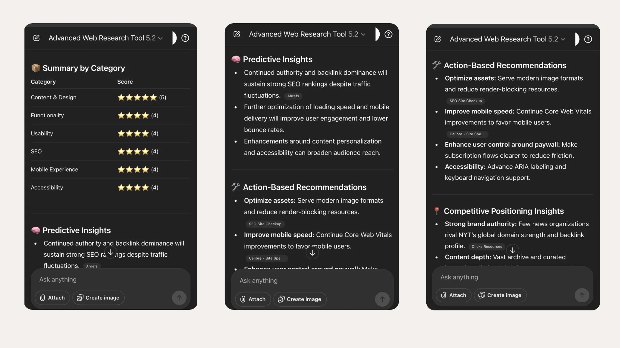 Screenshots of a mobile app displaying SEO analysis tools with sections for summary by category, predictive insights, action-based recommendations, and competitive positioning insights.