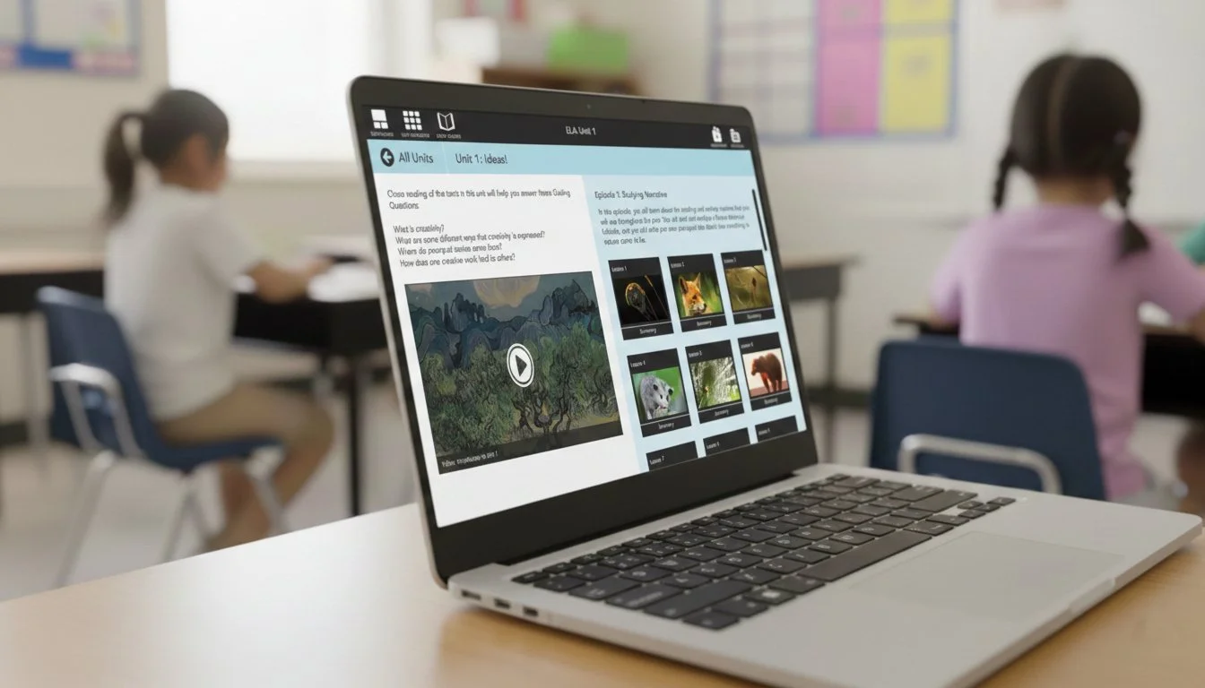 A laptop on a desk in a classroom displays educational content about animals, with children sitting at desks in the background.