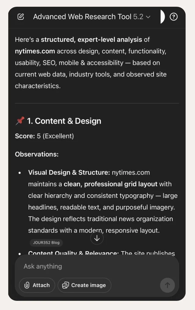 Screenshot of a web research tool analysis report for nytimes.com, detailing content and design evaluation with a score of 5, highlighting visual design, structure, and hierarchy.