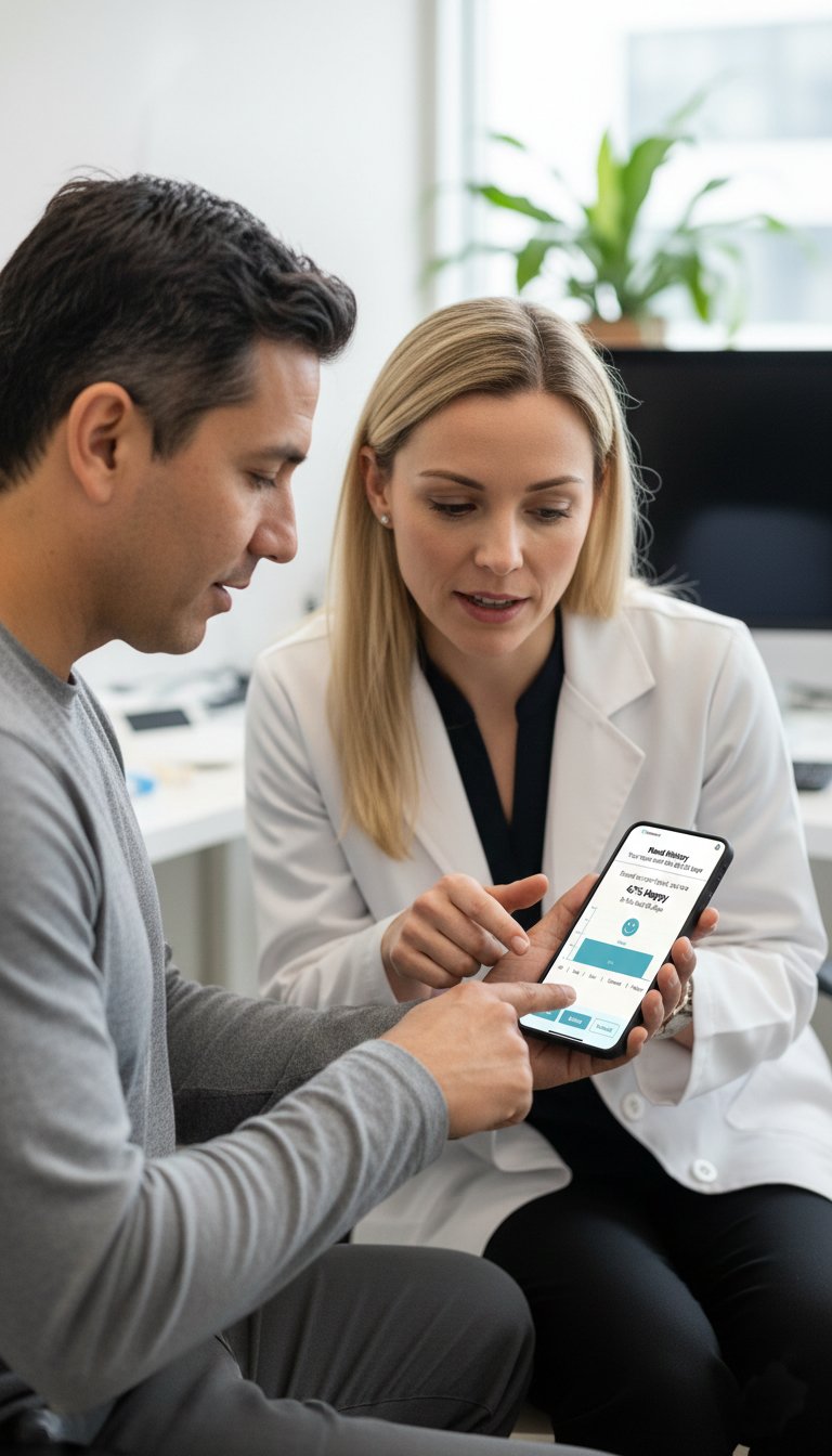 A man and a woman, possibly a doctor or healthcare professional, sitting together in an office, looking at a smartphone. The woman is showing the phone screen to the man, and they seem to be discussing something related to health or medical information.