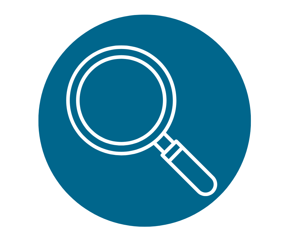 Icon of a magnifying glass on a blue circular background representing search or zoom.