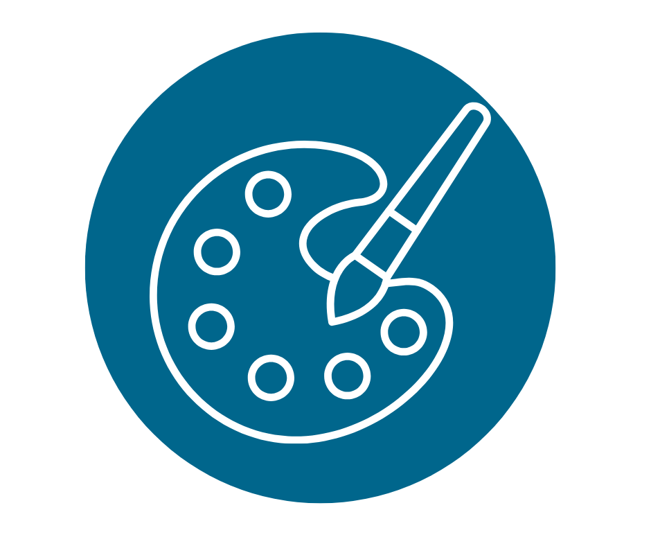 Icon of a painter's palette and brush in a blue circle.