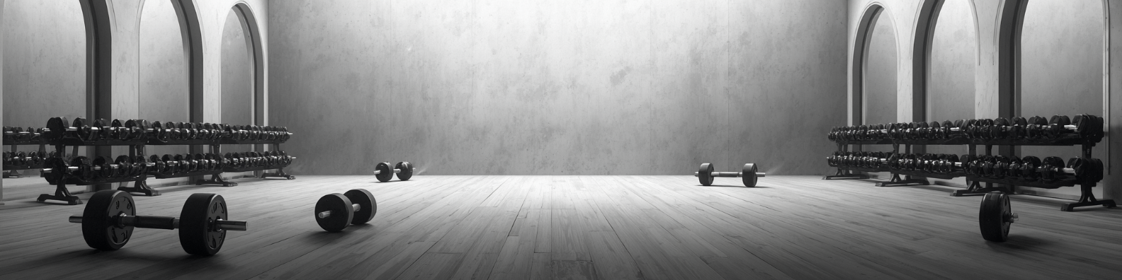 A gym with wooden flooring, aggregation of dumbbells on racks, and some dumbbells and barbells on the floor, against a plain wall with arched windows.