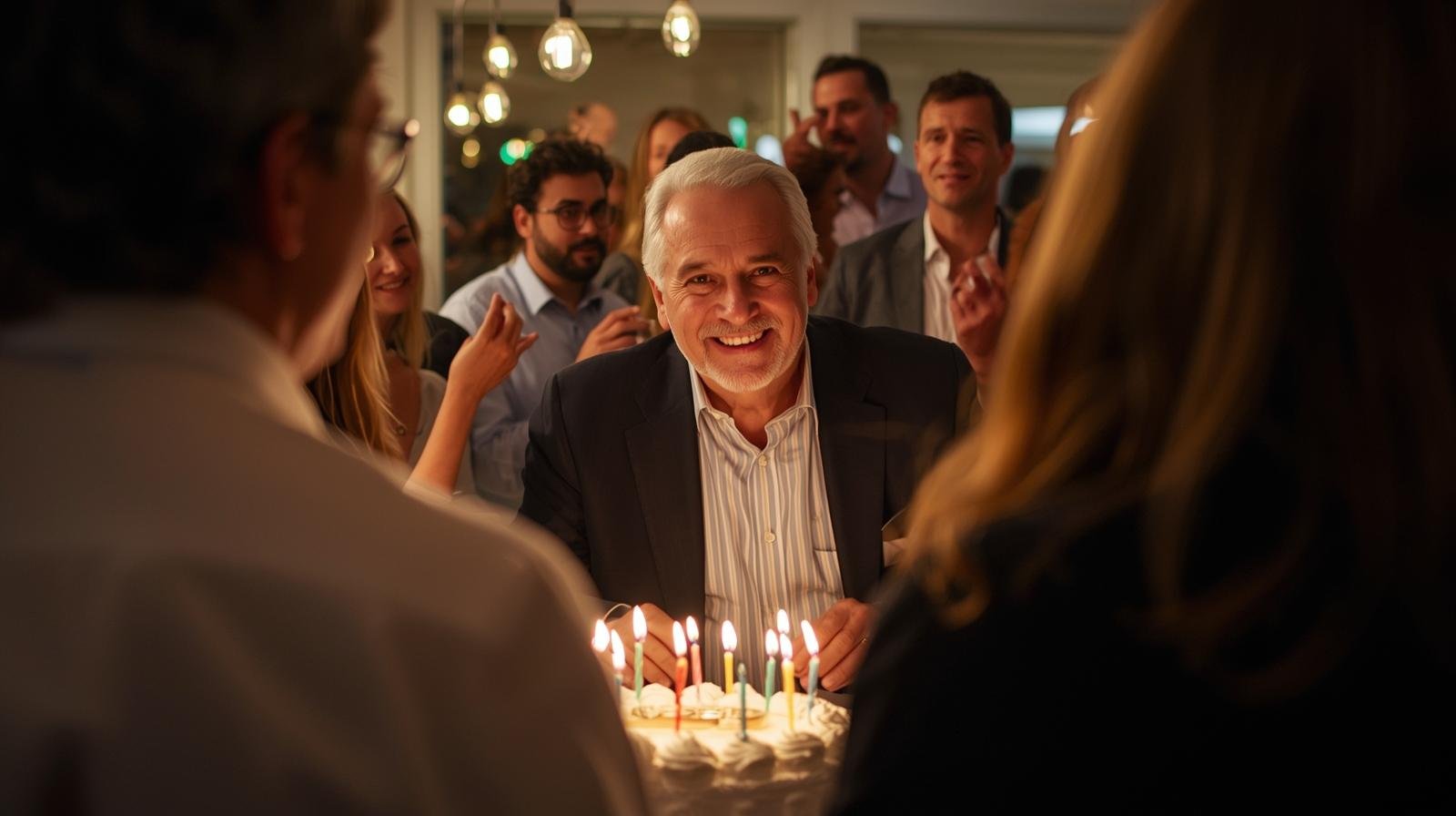 A man with white hair and a beard, smiling, is celebrating his retirement birthday with a cake with lit candles surrounded by a group of smiling friends at a party.