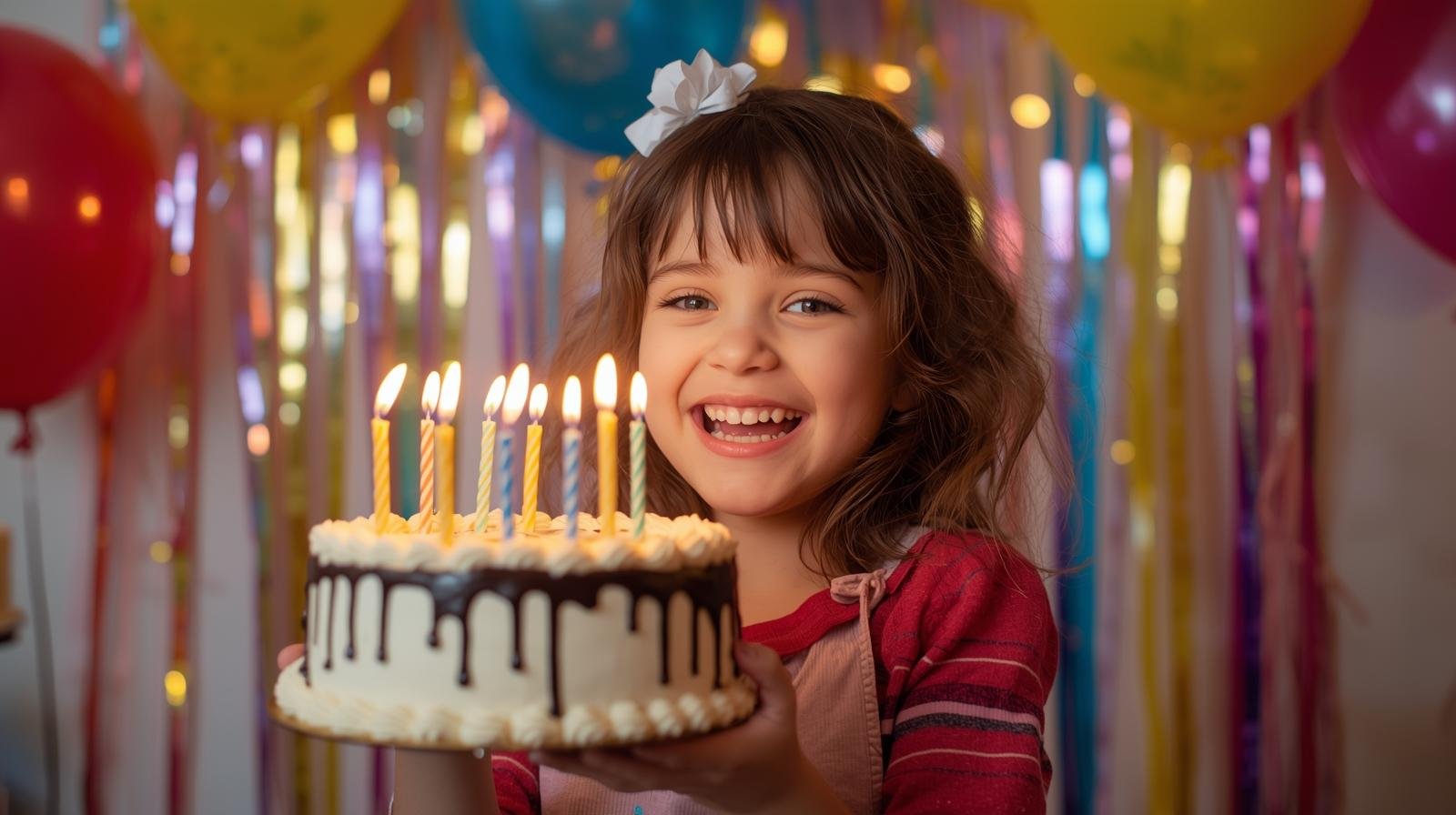 Young girl celebrating birthday with a cake and lit candles, smiling.