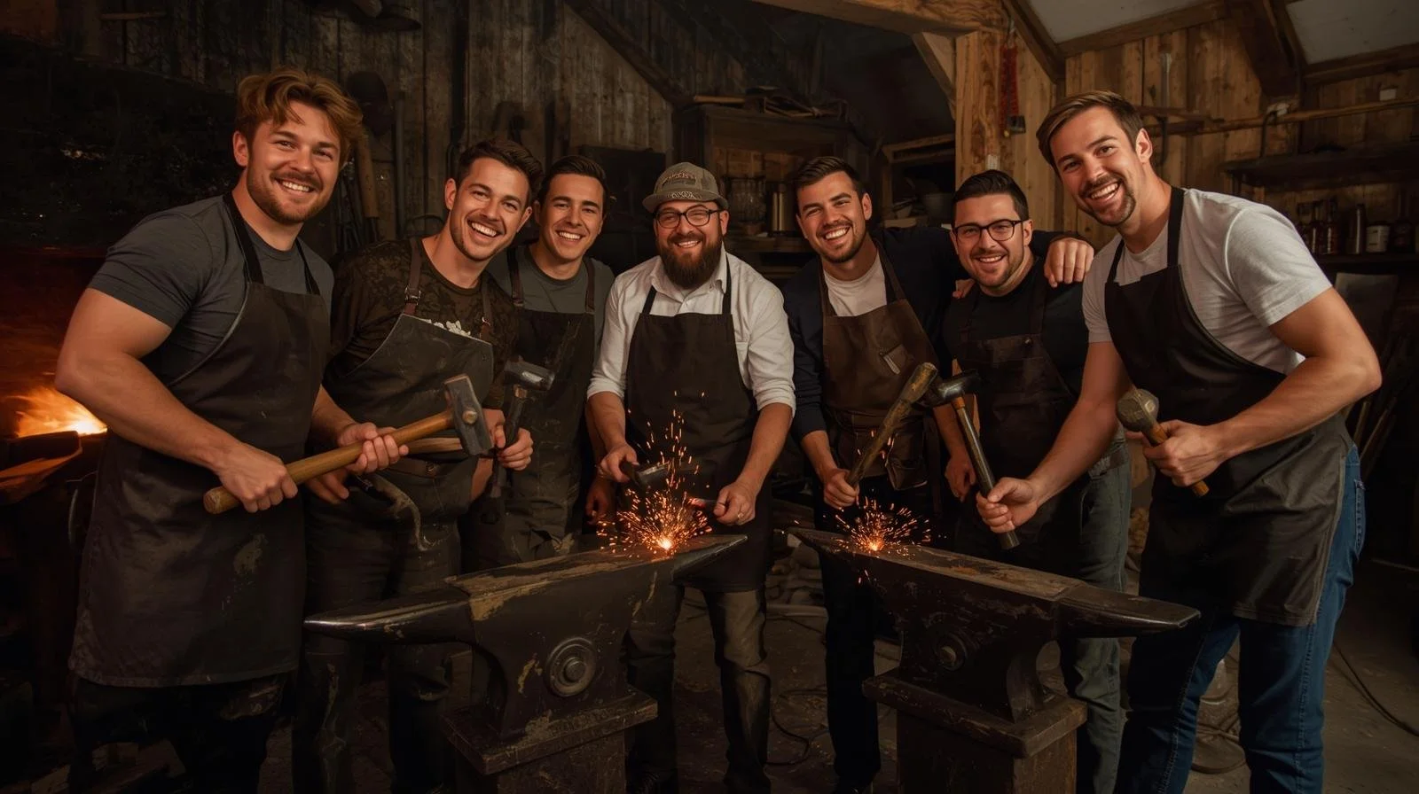 Group of seven smiling men in aprons holding hammers, gathered around an anvil with sparks flying, in a blacksmithing workshop celebrating a stag party