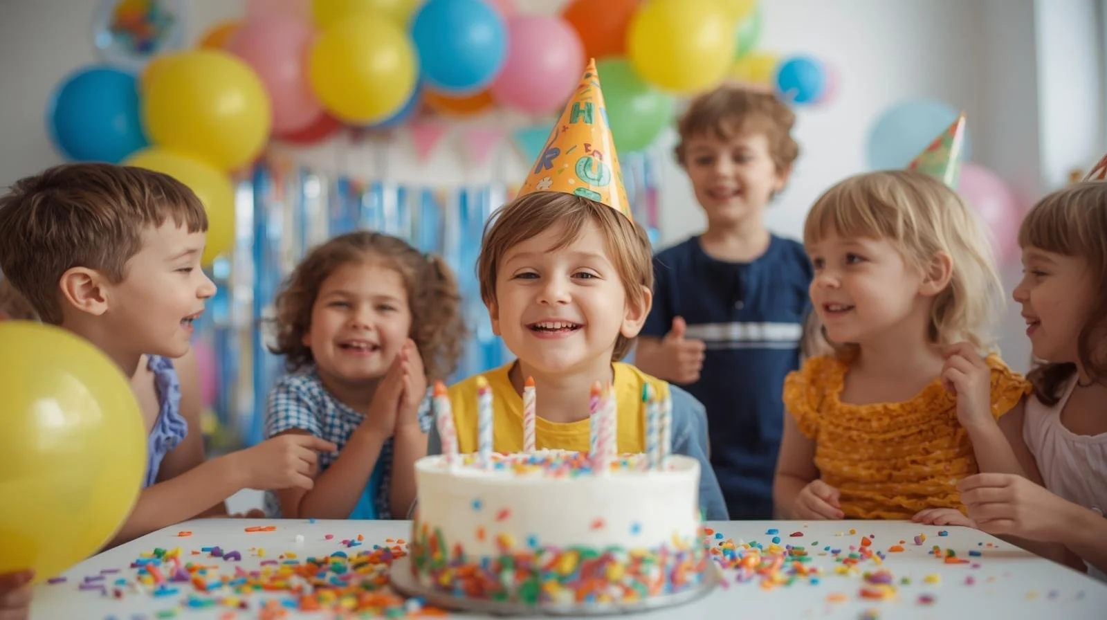 Children celebrating a birthday with a cake, wearing party hats, surrounded by colorful balloons and decorations.
