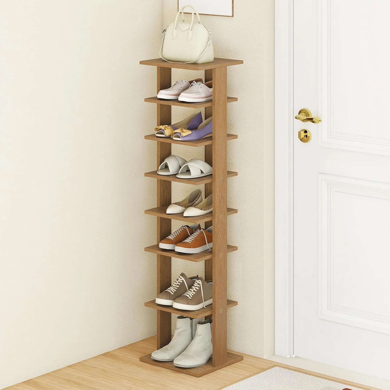 narrow shoe rack with space for taller shoes at the bottom