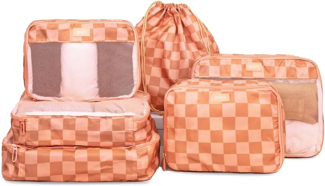 cute packing cube set with a checkered print in a terracotta color