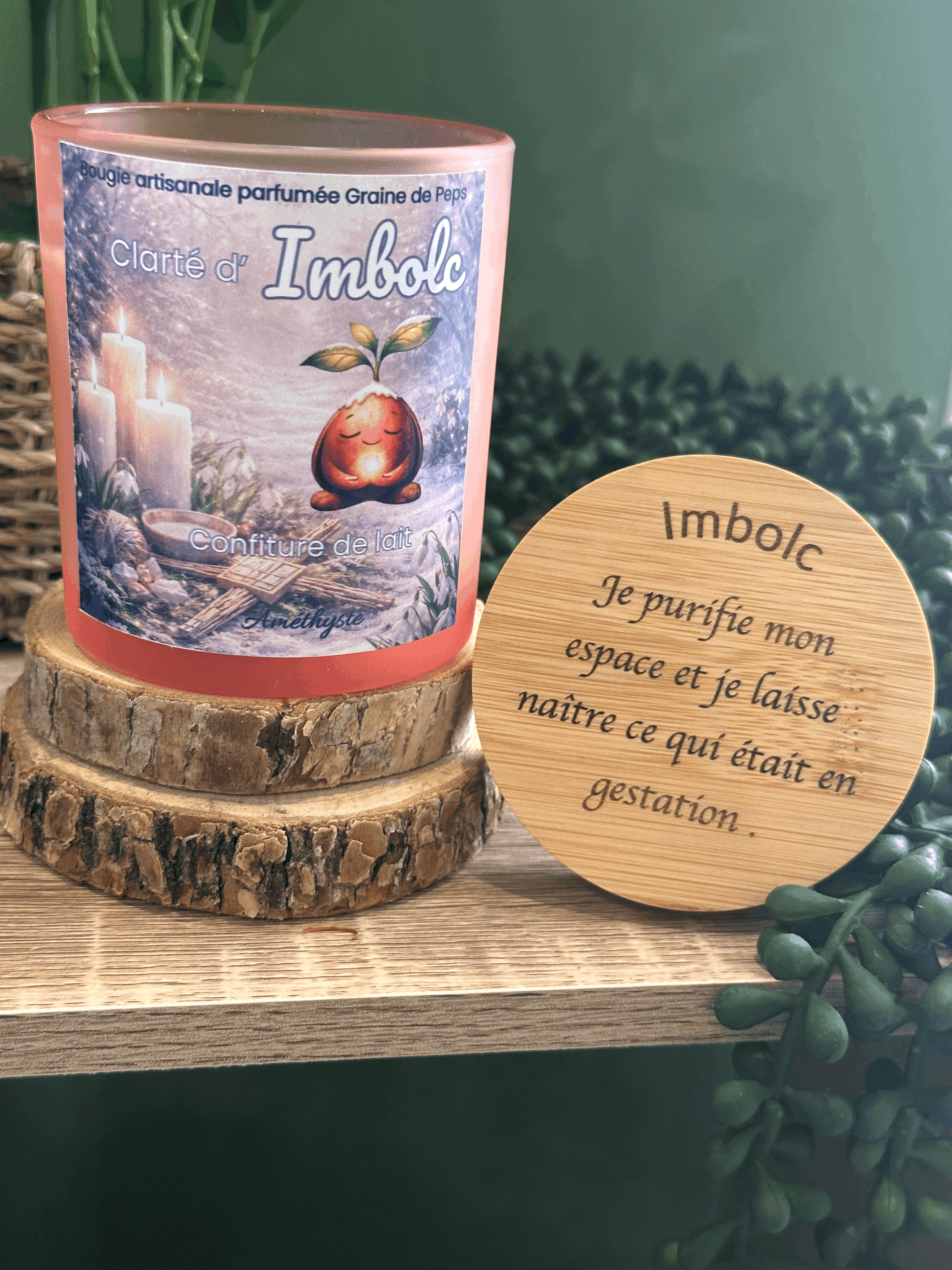 Bougie parfumée Clarté d’Imbolc – Confiture de lait & Améthyste