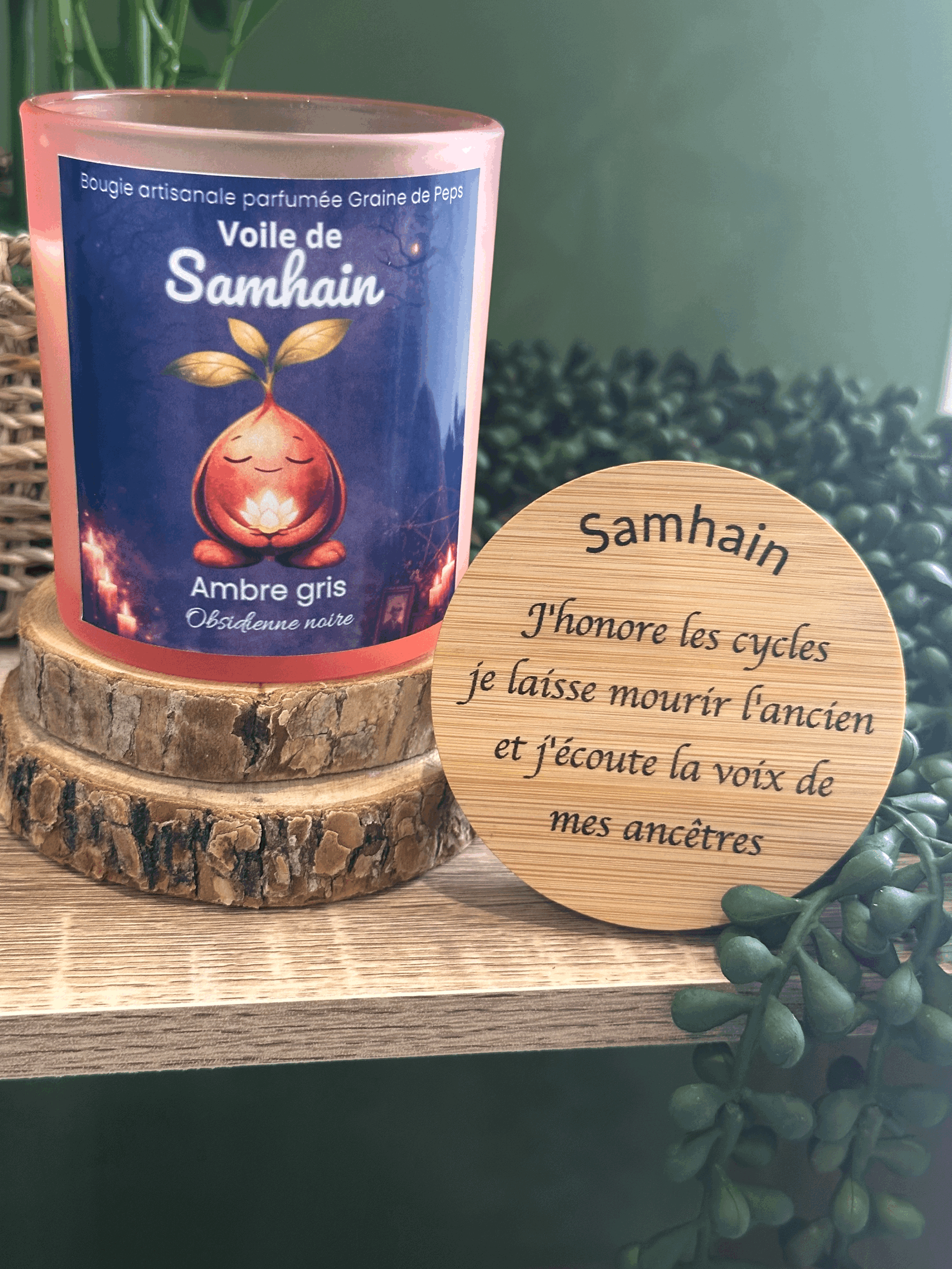 Bougie Parfumée Voile de Samhain – Ambre gris & Obsidienne noire