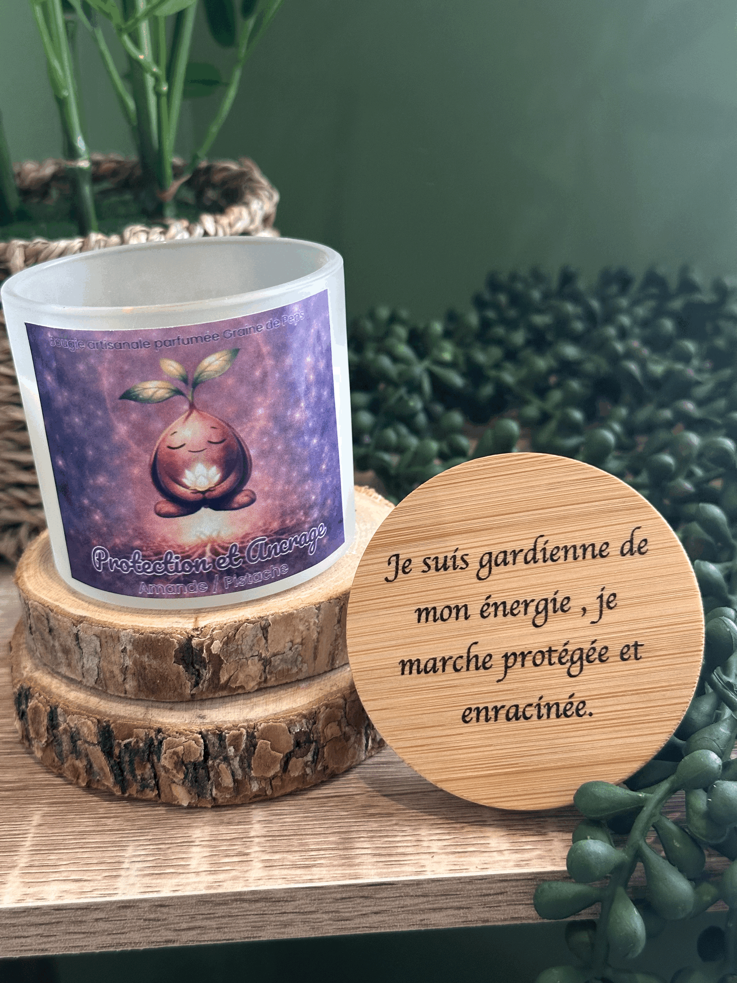 Bougie d’Intention Protection & Ancrage – Amande Pistache & Obsidienne noire