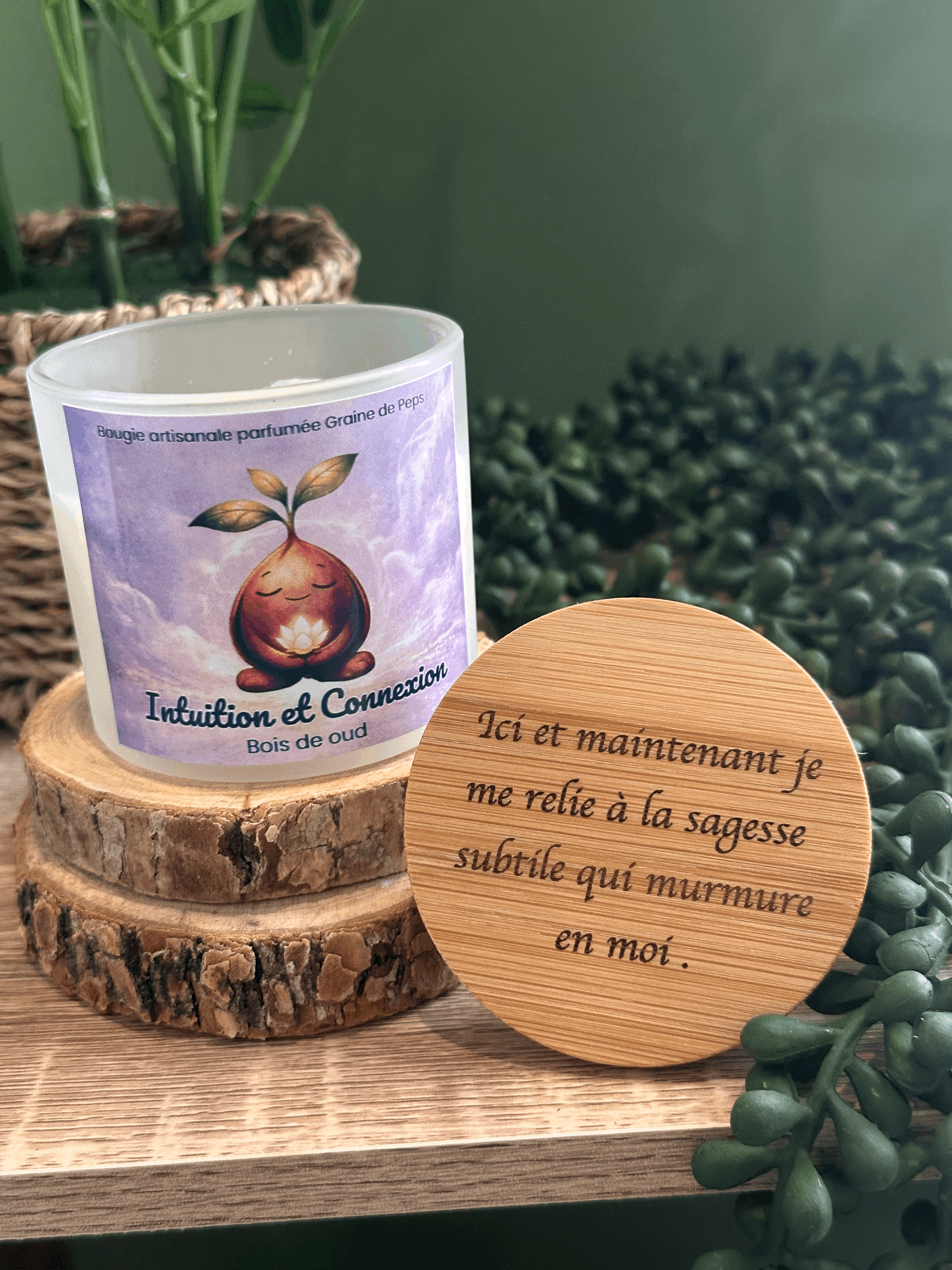 Bougie d’Intention Intuition & Connexion – Bois de oud & Pierre de lune