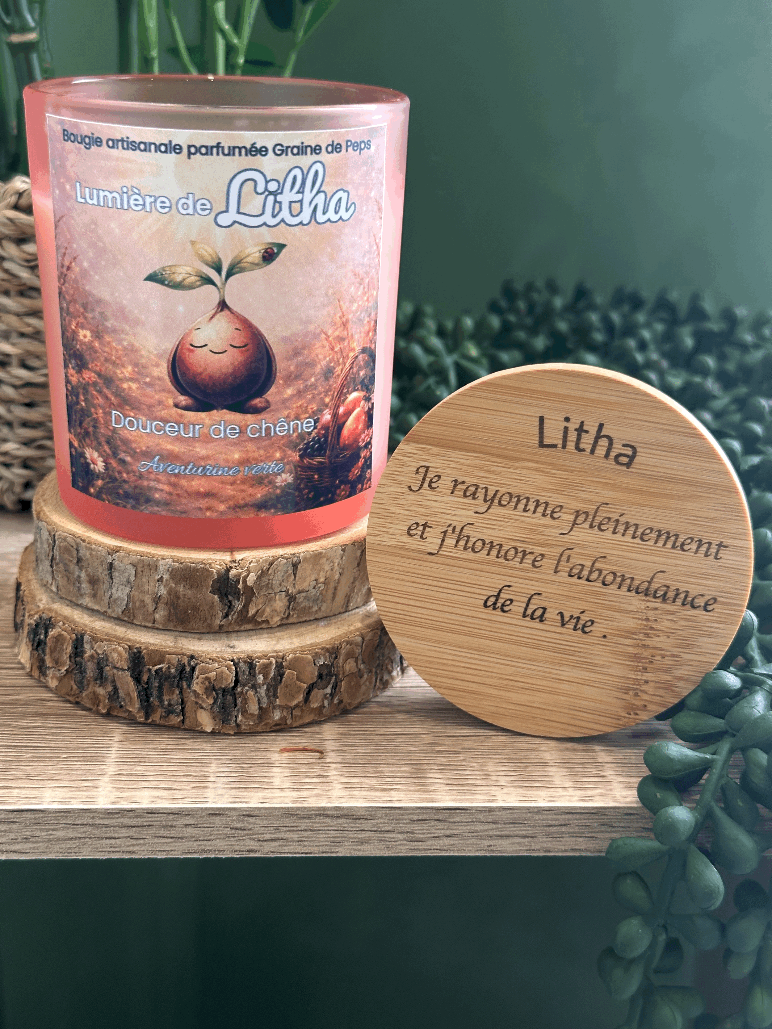 Bougie parfumée Lumière de Litha – Douceur de Chêne & Aventurine Verte