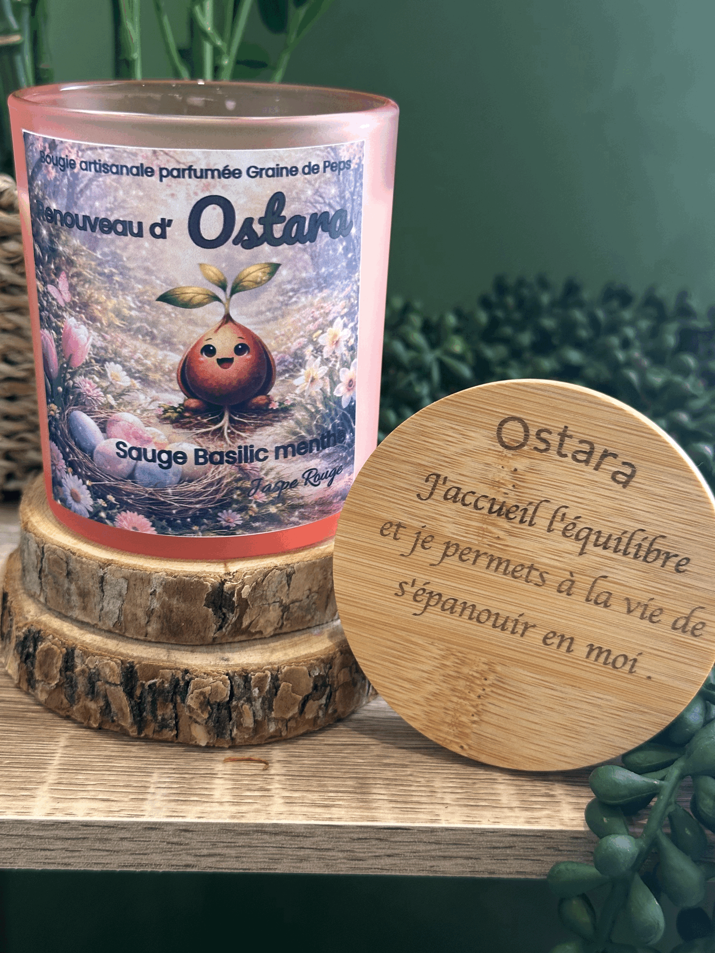 Bougie parfumée Renouveau d’Ostara – Sauge Basilic Menthe & Jaspe Rouge