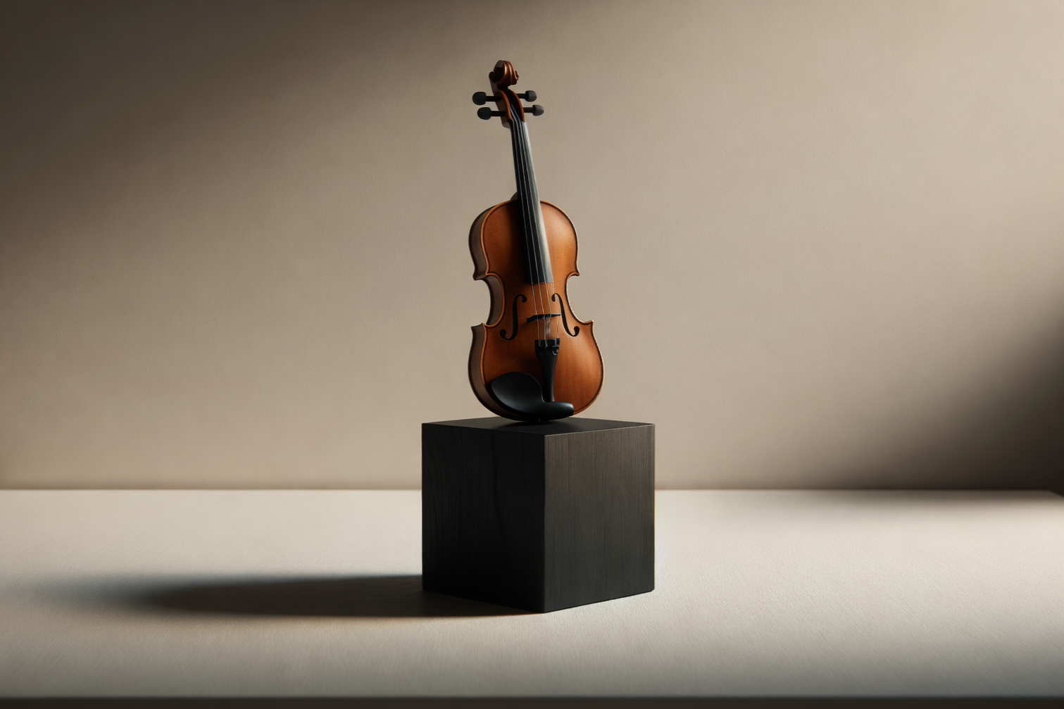 A wooden violin is displayed on a black cube pedestal against a neutral background.