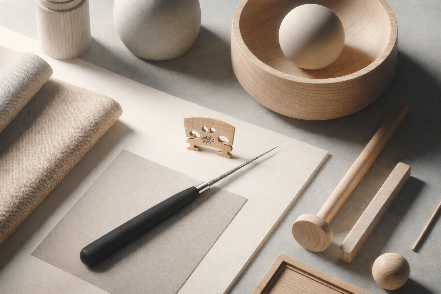 Collection of wooden and ceramic objects, carving tools, and fabric samples arranged on a table, suggesting a workspace for woodworking or craft projects.