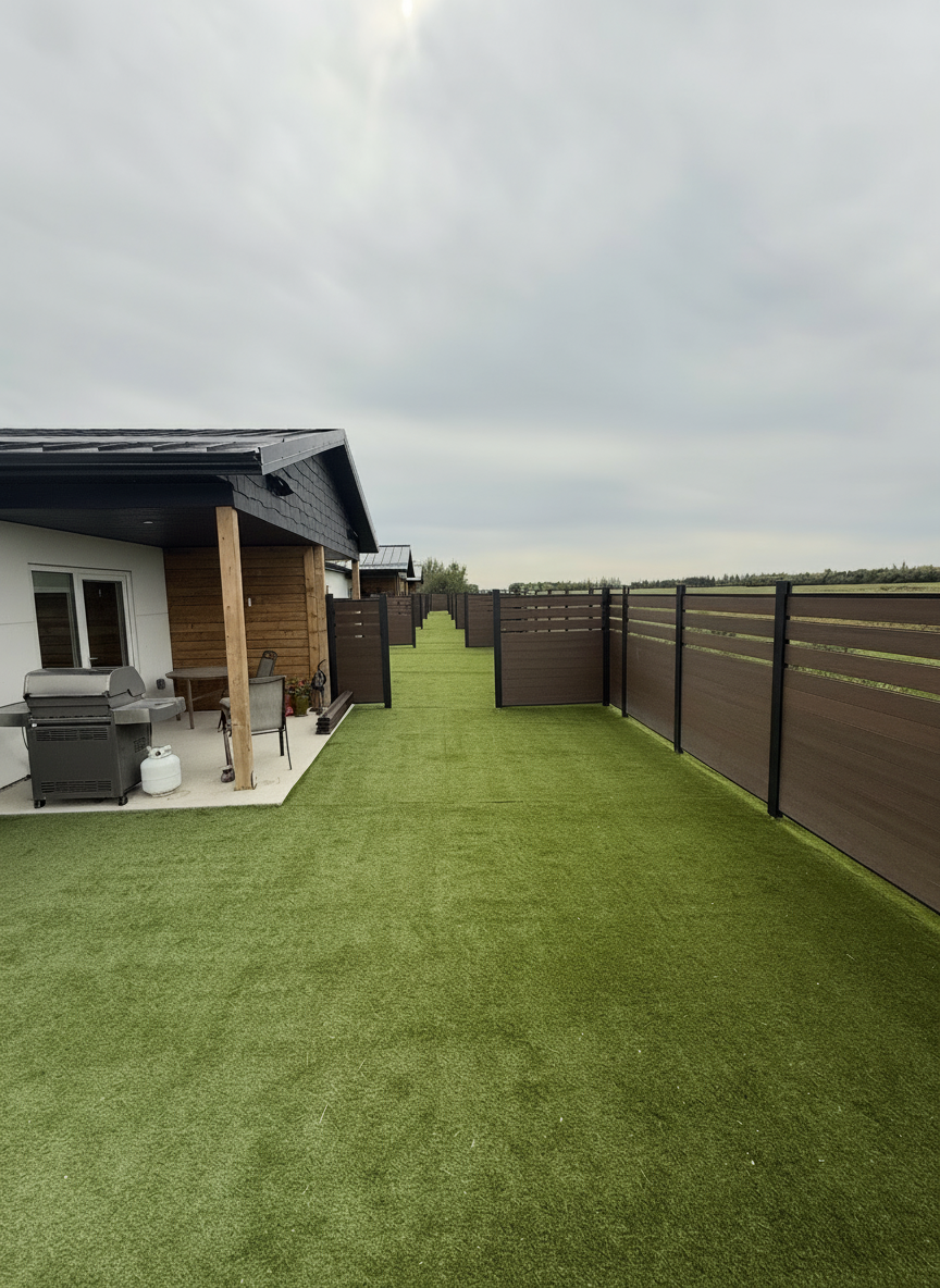 Backyard with artificial grass, fence, and part of a house with outdoor furniture and a grill under a cloudy sky.