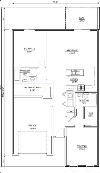 Floor plan of a house showing a garage, two bedrooms, two bathrooms, a mechanical room, living/dining area, kitchen, closet, and a deck.