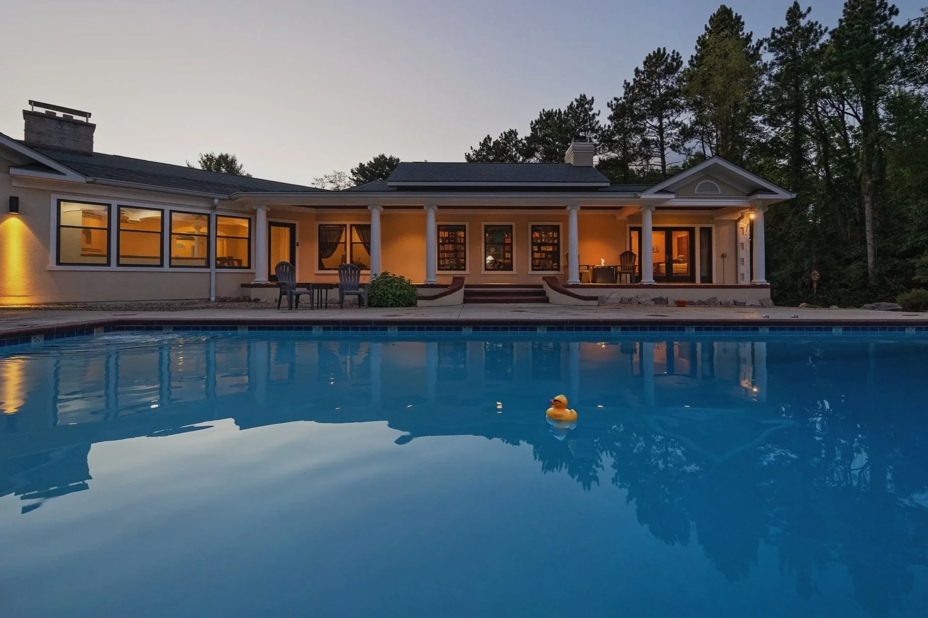 Twilight photo of house with duck in pool in foreground