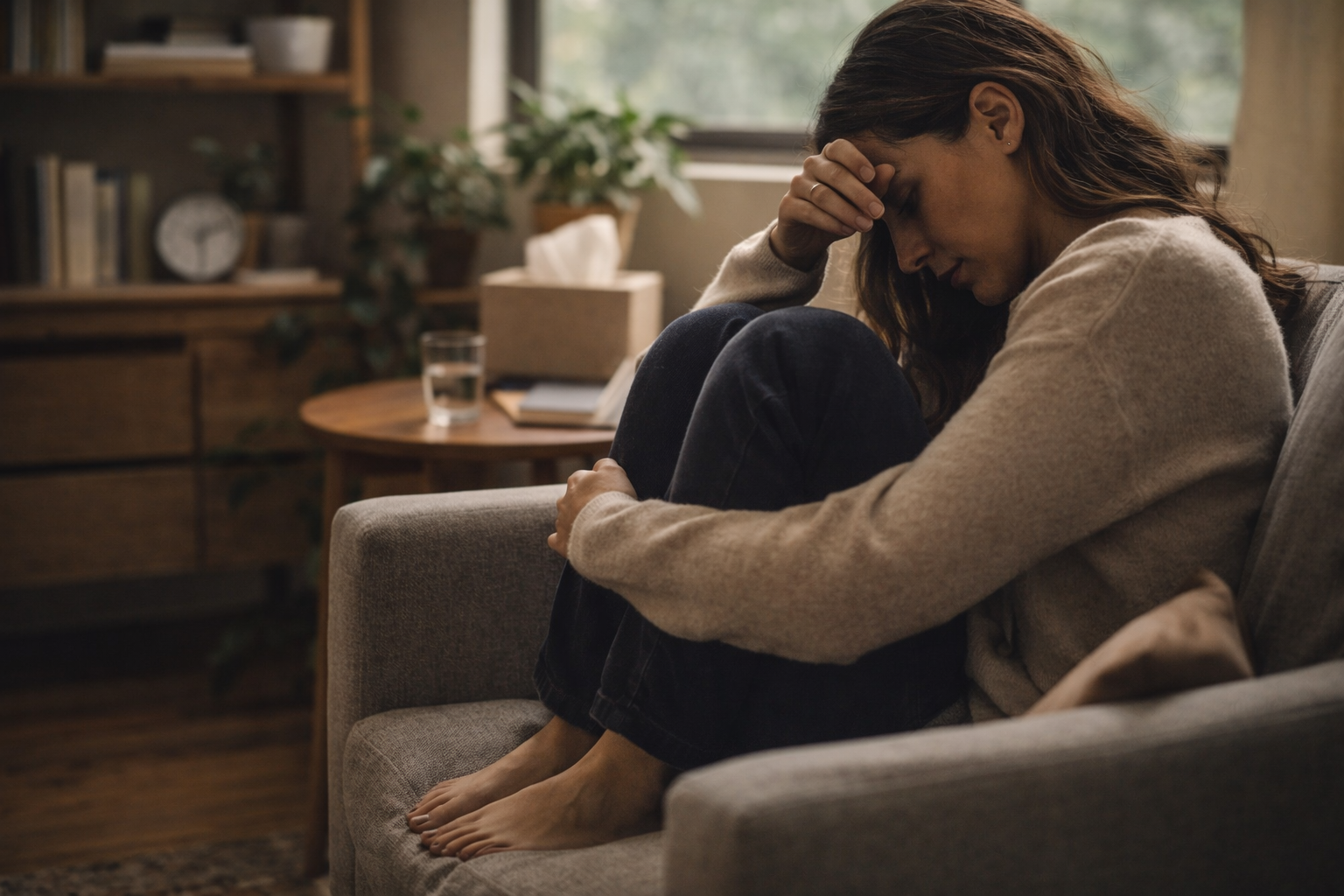 A woman sitting on a gray sofa with her knees drawn up, holding her head with her hand, appearing upset or distressed in a living room with a wooden shelf, a glass of water, and a window in the background.