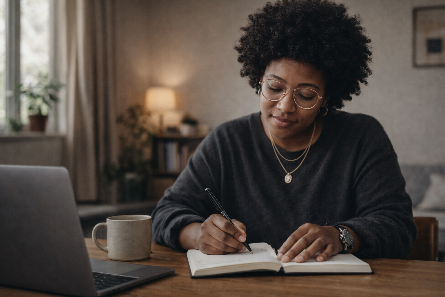 A woman with curly hair and glasses writing in a journal at a wooden table with a laptop and a mug, in a cozy home environment with a window, curtains, and a bookshelf in the background.