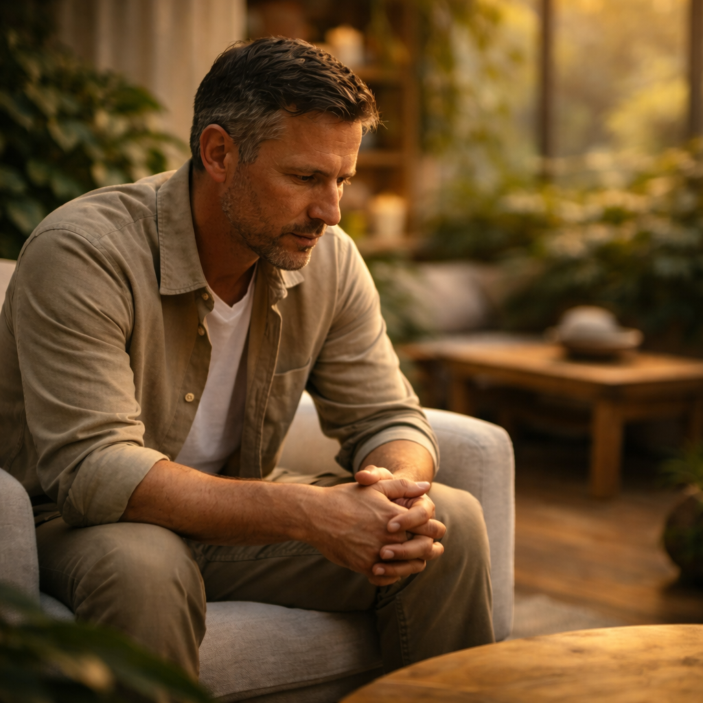 A man sitting on a beige sofa with his hands clasped, looking downward in a warmly lit room with plants and wooden furniture.